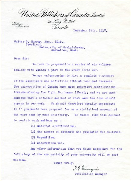 Letter from President Walter Murray to T.G. Marquis of United Publishers of Canada